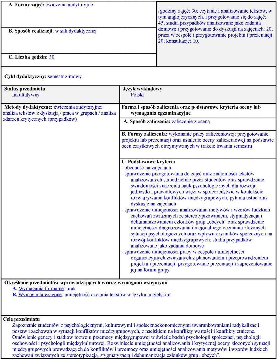 i przygotowanie do dyskusji na zajęciach: 20; praca w zespole i przygotowanie projektu i prezentacji: 20; konsultacje: 10) C.