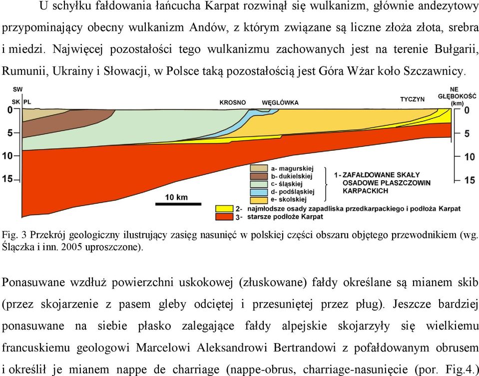 3 Przekrój geologiczny ilustrujący zasięg nasunięć w polskiej części obszaru objętego przewodnikiem (wg. Ślączka i inn. 2005 uproszczone).