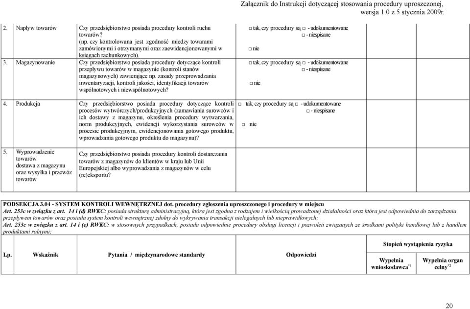 Magazynowanie Czy przedsiębiorstwo posiada procedury dotyczące kontroli przepływu towarów w magazynie (kontroli stanów magazynowych) zawierające np.