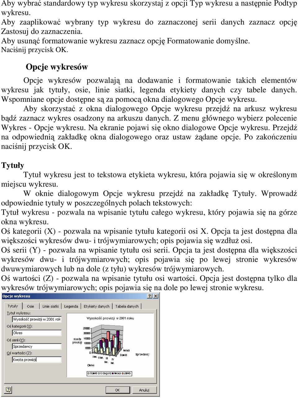 Opcje wykresów Opcje wykresów pozwalają na dodawanie i formatowanie takich elementów wykresu jak tytuły, osie, linie siatki, legenda etykiety danych czy tabele danych.