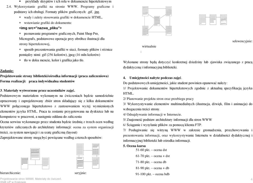 obróbce ilustracji dla strony hipertekstowej, sposób prezentowania grafiki w sieci, formaty plików i różnice pomiędzy nimi: gif (256 kolorów), jpeg (16 mln kolorów) tło w doku mencie, kolor i grafika