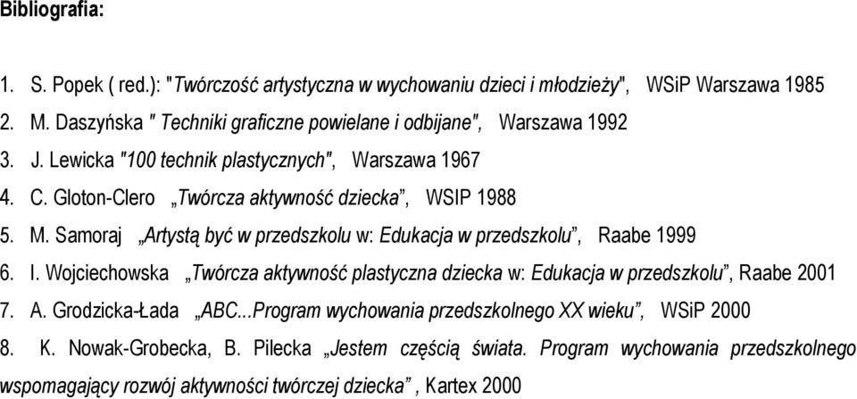 Gloton-Clero Twórcza aktywność dziecka, WSIP 1988 5. M. Samoraj Artystą być w przedszkolu w: Edukacja w przedszkolu, Raabe 1999 6. I.