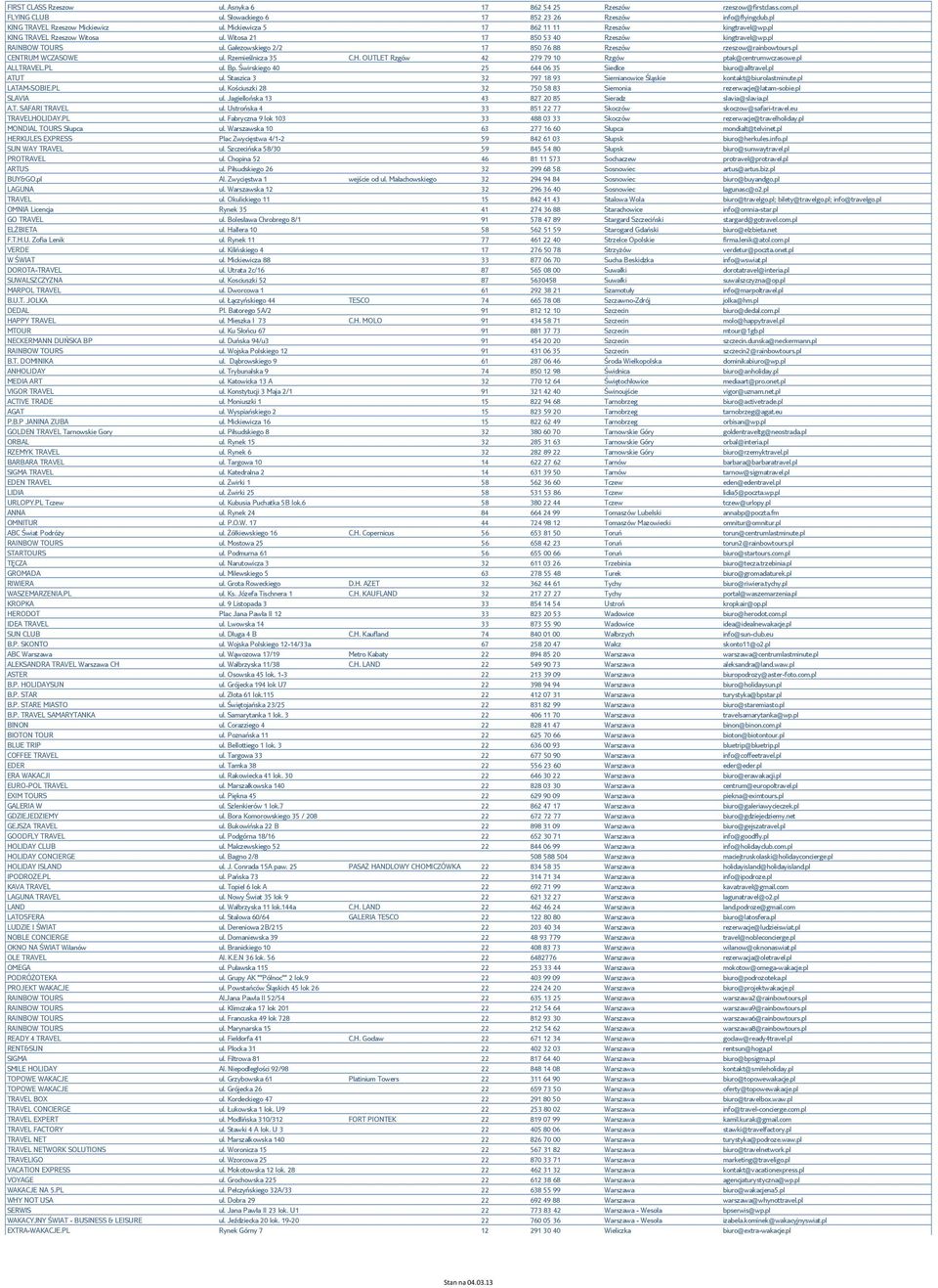 Gałezowskiego 2/2 17 850 76 88 Rzeszów rzeszow@rainbowtours.pl CENTRUM WCZASOWE ul. Rzemieślnicza 35 C.H. OUTLET Rzgów 42 279 79 10 Rzgów ptak@centrumwczasowe.pl ALLTRAVEL.PL ul. Bp.