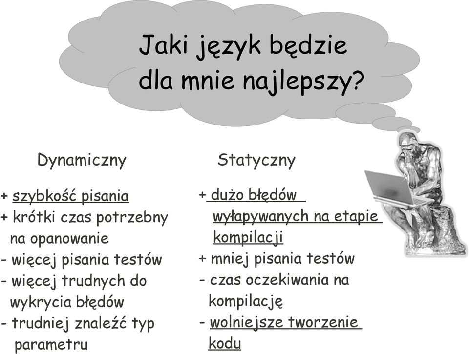 testów - więcej trudnych do wykrycia błędów - trudniej znaleźć typ parametru