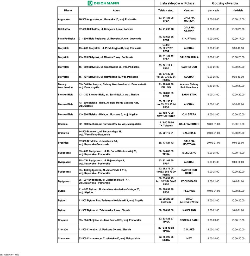 Podlaskie tel/fax 85/ 66 47 281 AUCHAN 9.00-21.00 9.30-19.30 Białystok 15-265 Białystok, ul. Miłosza 2, woj. Podlaskie 85/ 741 23 16 BIAŁA Białystok 15-660 Białystok, ul. ska 20, woj.