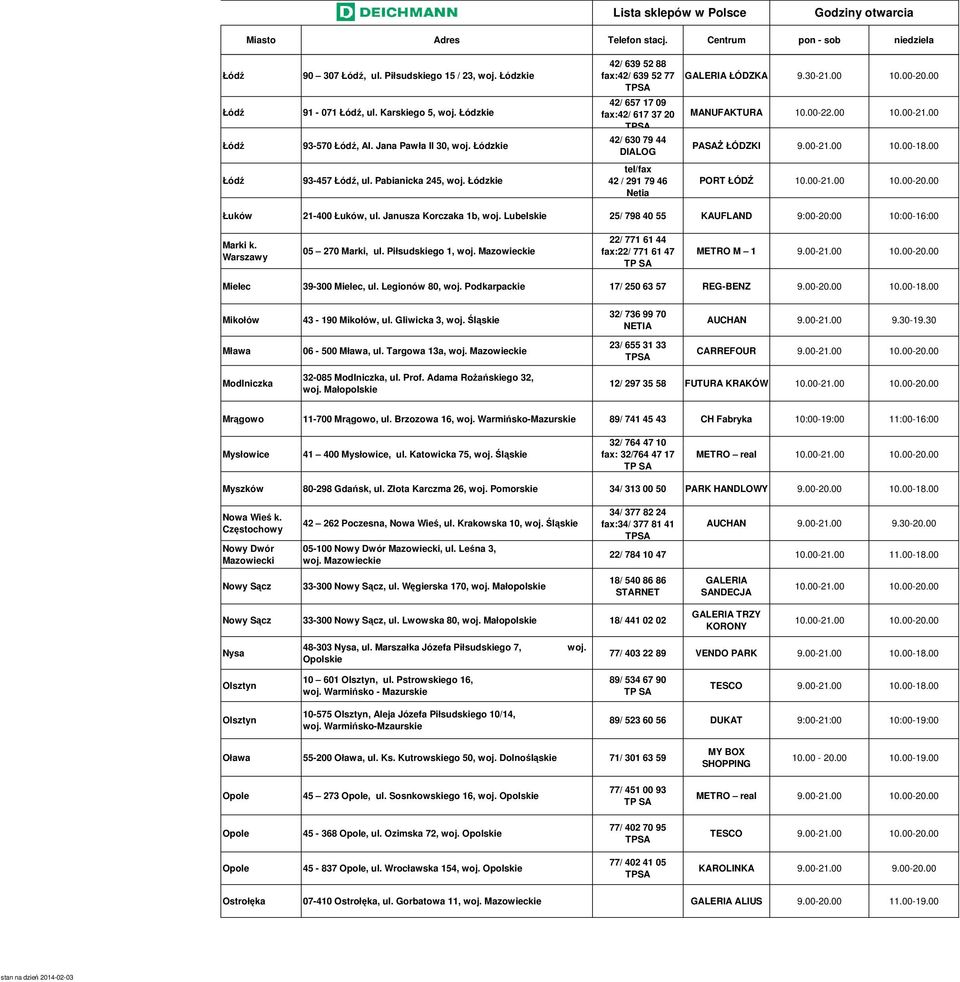Łódzkie tel/fax 42 / 291 79 46 Netia PORT ŁÓDŹ Łuków 21-400 Łuków, ul. Janusza Korczaka 1b, woj. Lubelskie 25/ 798 40 55 KAUFLAND 9:00-20:00 10:00-16:00 Marki k. Warszawy 05 270 Marki, ul.