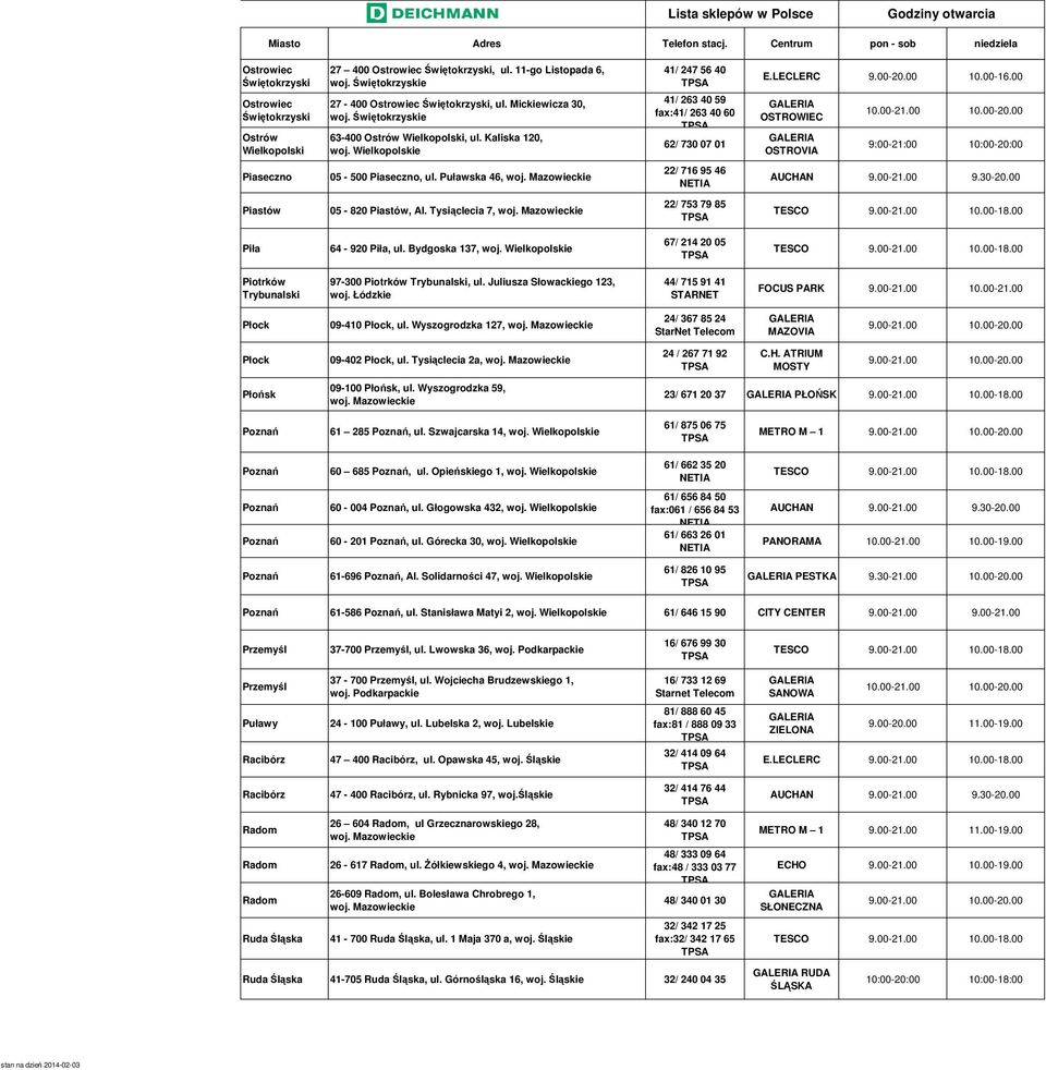 00 OSTROWIEC OSTROVIA 9:00-21:00 10:00-20:00 Piaseczno 05-500 Piaseczno, ul. Puławska 46, 22/ 716 95 46 Piastów 05-820 Piastów, Al. Tysiąclecia 7, 22/ 753 79 85 Piła 64-920 Piła, ul.