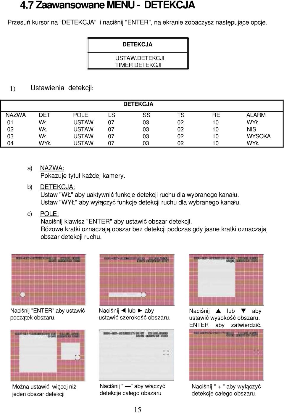 10 WYŁ a) NAZWA: Pokazuje tytuł każdej kamery. b) DETEKCJA: Ustaw "WŁ" aby uaktywnić funkcje detekcji ruchu dla wybranego kanału. Ustaw "WYŁ" aby wyłączyć funkcje detekcji ruchu dla wybranego kanału.