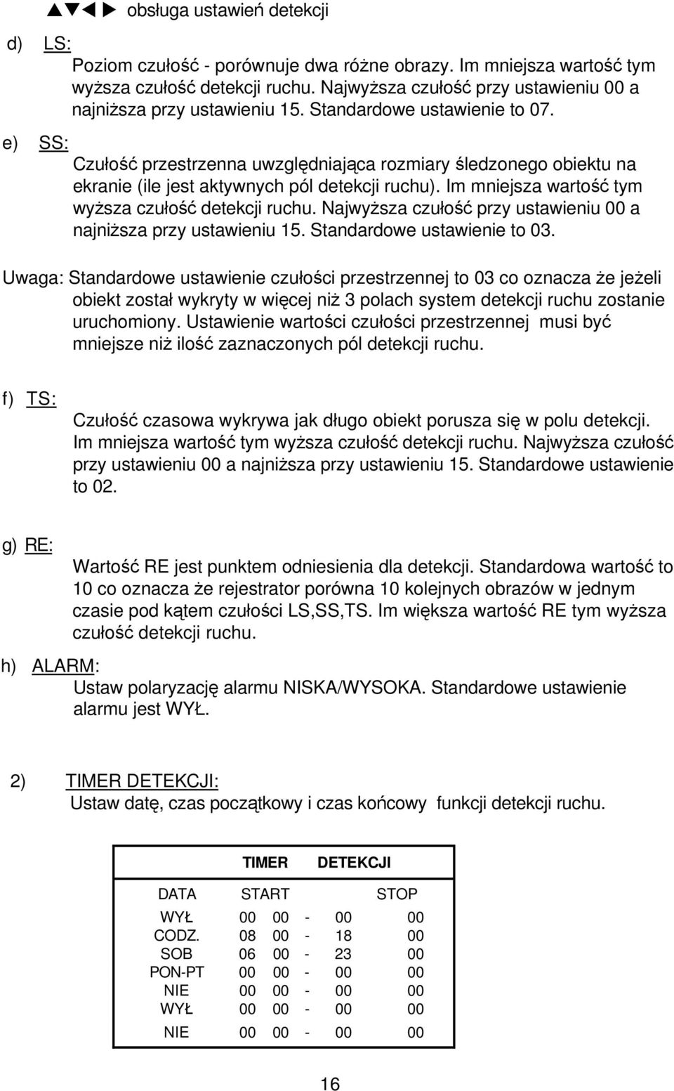 e) SS: Czułość przestrzenna uwzględniająca rozmiary śledzonego obiektu na ekranie (ile jest aktywnych pól detekcji ruchu). Im mniejsza wartość tym wyższa czułość detekcji ruchu.