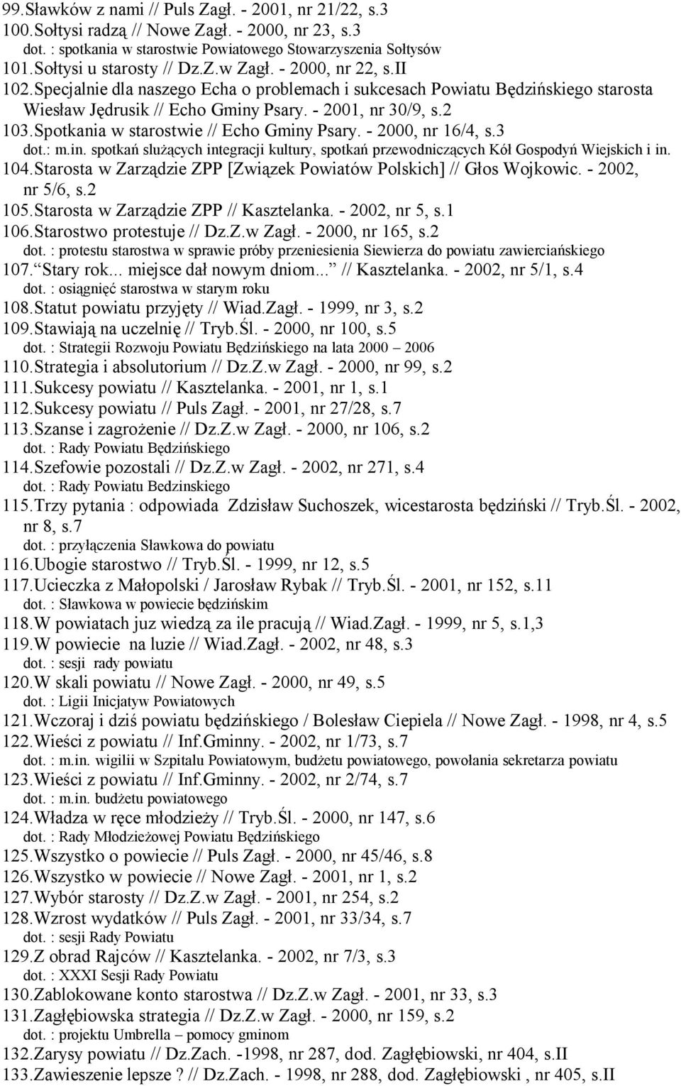 Spotkania w starostwie // Echo Gminy Psary. - 2000, nr 16/4, s.3 dot.: m.in. spotkań slużących integracji kultury, spotkań przewodniczących Kół Gospodyń Wiejskich i in. 104.