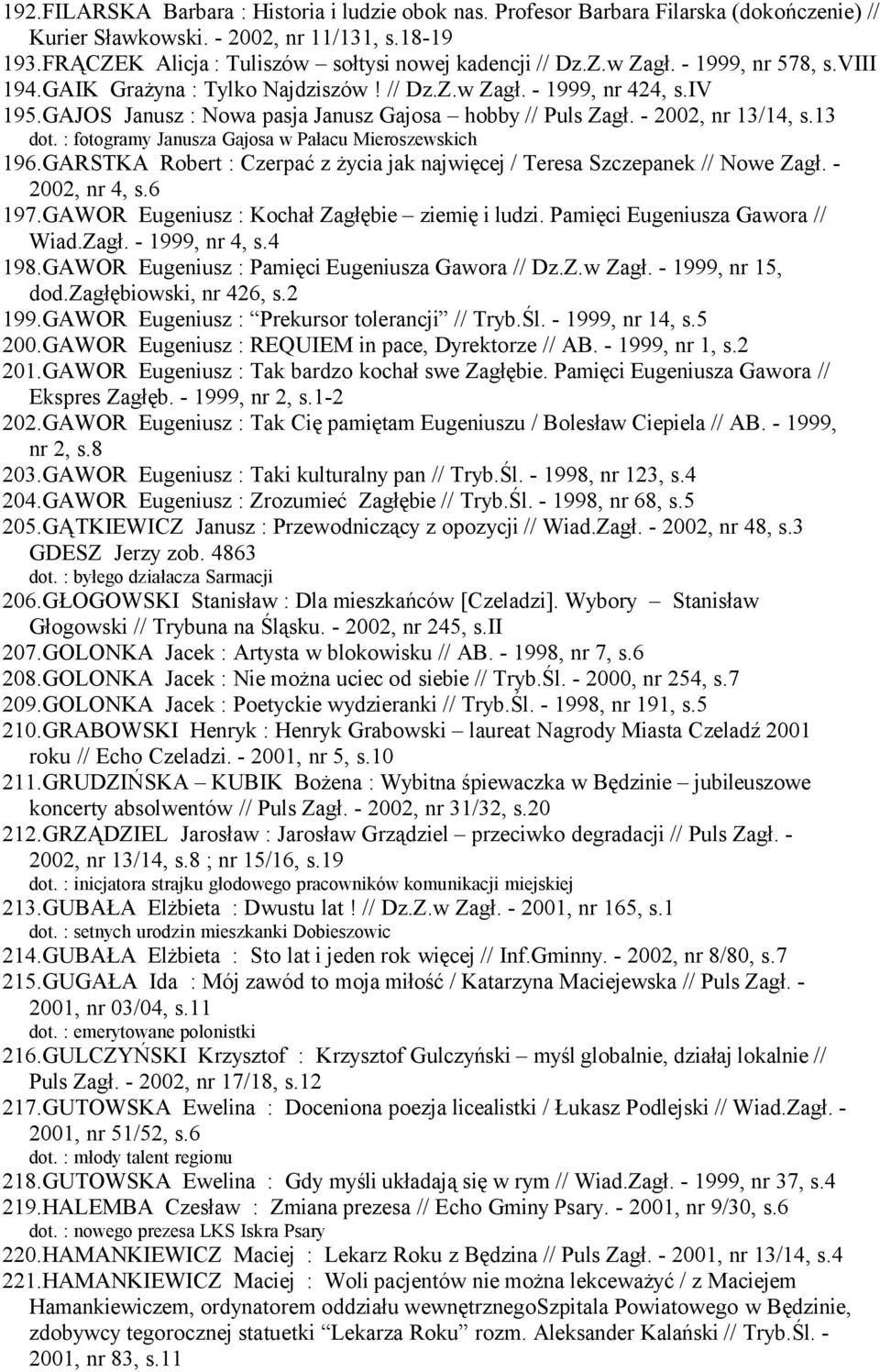 : fotogramy Janusza Gajosa w Pałacu Mieroszewskich 196.GARSTKA Robert : Czerpać z życia jak najwięcej / Teresa Szczepanek // Nowe Zagł. - 2002, nr 4, s.6 197.