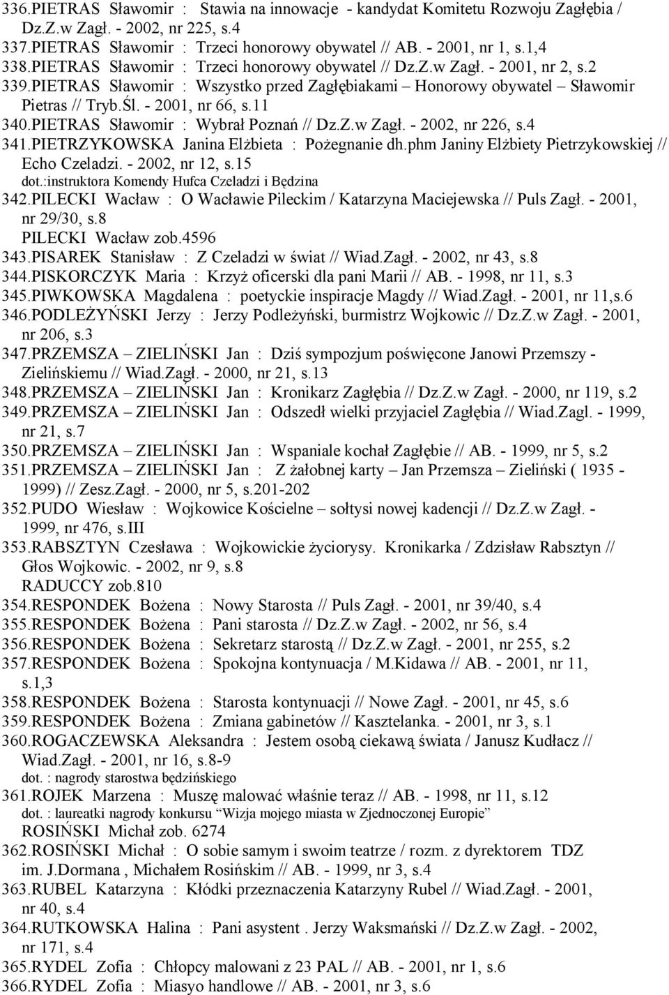 PIETRAS Sławomir : Wybrał Poznań // Dz.Z.w Zagł. - 2002, nr 226, s.4 341.PIETRZYKOWSKA Janina Elżbieta : Pożegnanie dh.phm Janiny Elżbiety Pietrzykowskiej // Echo Czeladzi. - 2002, nr 12, s.15 dot.