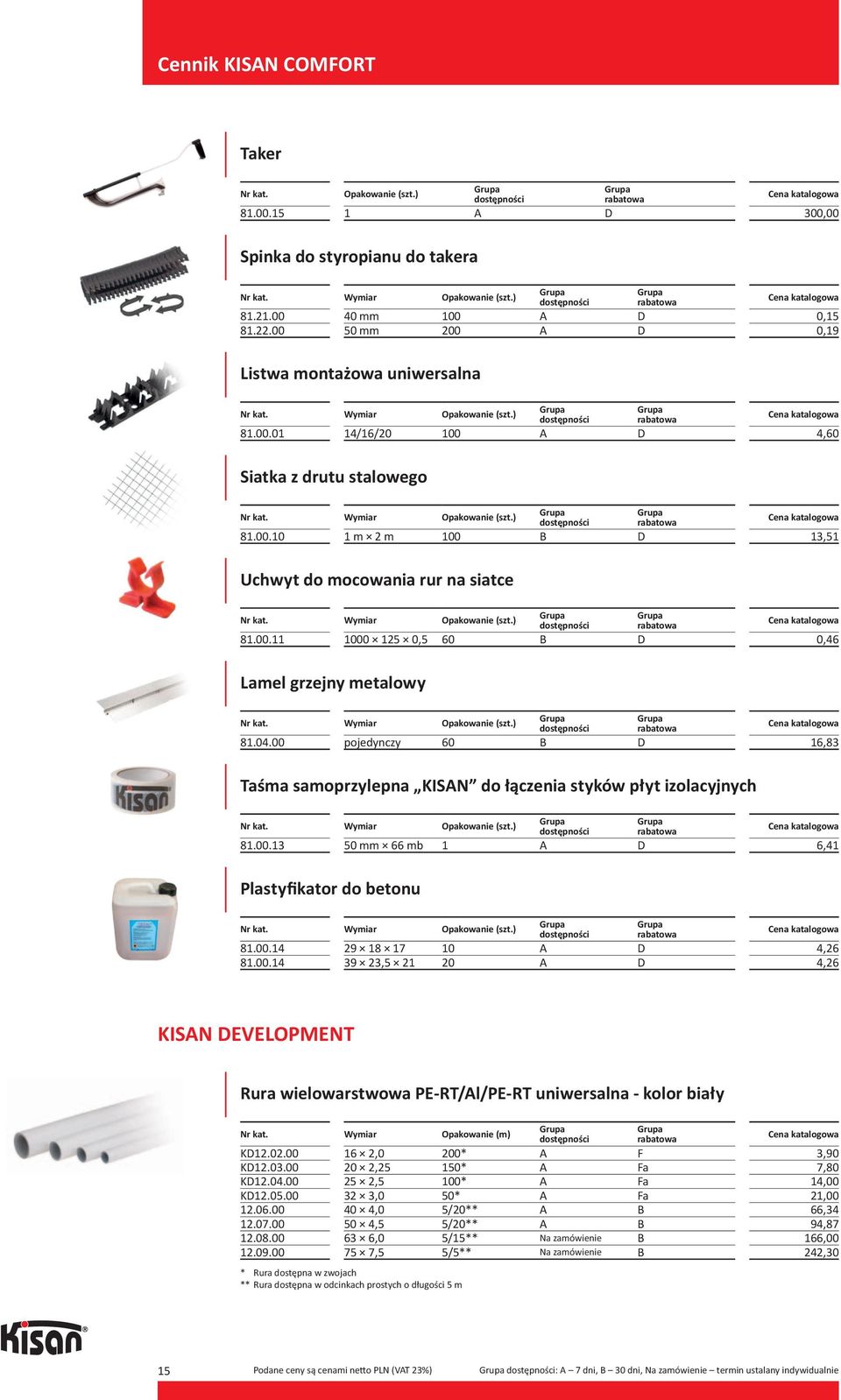 00 pojedynczy 60 B D 16,83 Taśma samoprzylepna KISAN do łączenia styków płyt izolacyjnych 81.00.13 50 mm 66 mb 1 A D 6,41 Plastyfikator do betonu 81.00.14 81.00.14 29 18 17 10 A D 39 23,5 21 20 A D 4,26 4,26 KISAN DEVELOPMENT Rura wielowarstwowa PE-RT/Al/PE-RT uniwersalna - kolor biały KD12.