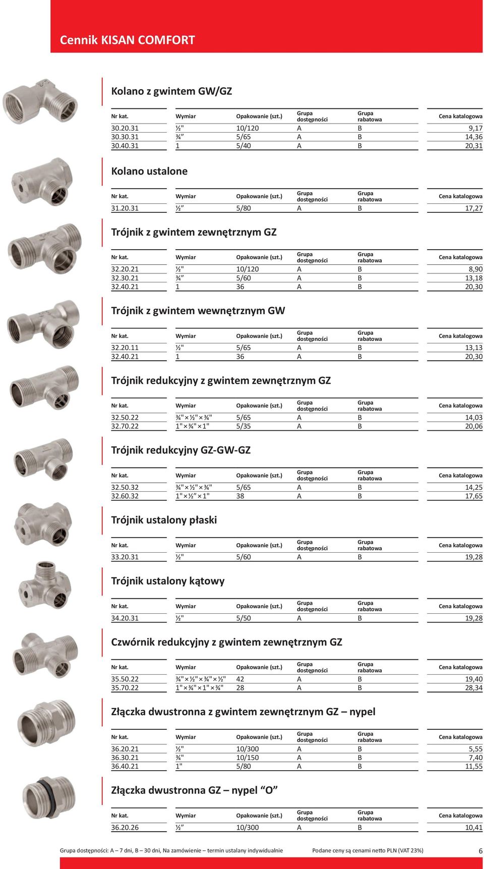 60.32 ¾" ½" ¾" 5/65 A B 1" ½ 1" 38 A B 14,25 17,65 Trójnik ustalony płaski 33.20.31 ½" 5/60 A B 19,28 Trójnik ustalony kątowy 34.20.31 ½" 5/50 A B 19,28 Czwórnik redukcyjny z gwintem zewnętrznym GZ 35.