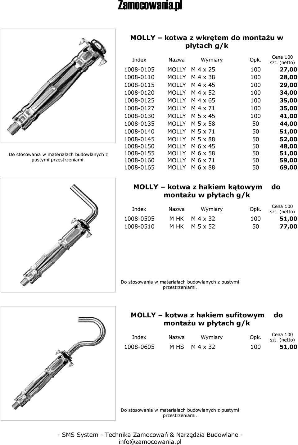 8-0135 MOLLY M 5 x 58 50 44,00 8-0140 MOLLY M 5 x 71 50 51,00 8-0145 MOLLY M 5 x 88 50 52,00 8-0150 MOLLY M 6 x 45 50 48,00 8-0155 MOLLY M 6 x 58 50 51,00 8-0160 MOLLY M 6 x 71 50 59,00 8-0165 MOLLY