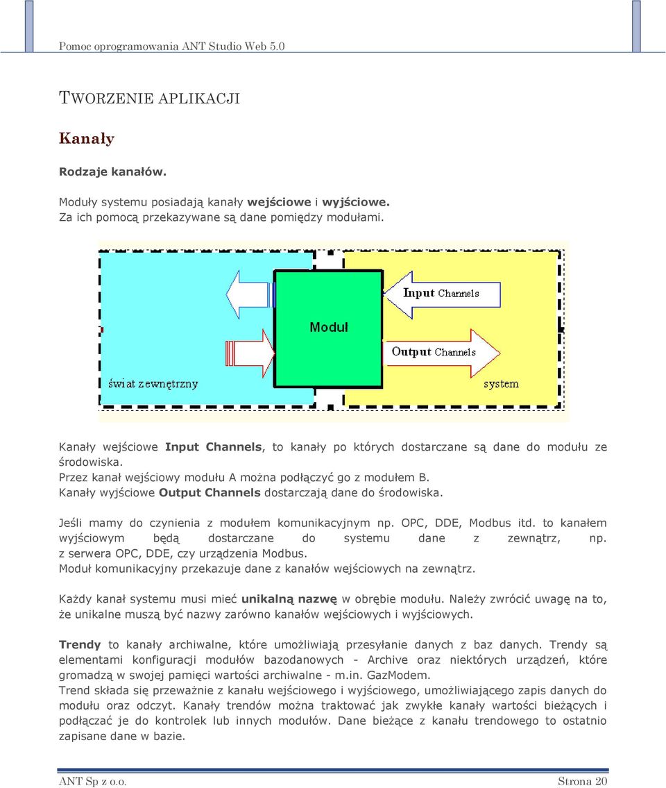 Kanały wyjściowe Output Channels dostarczają dane do środowiska. Jeśli mamy do czynienia z modułem komunikacyjnym np. OPC, DDE, Modbus itd.