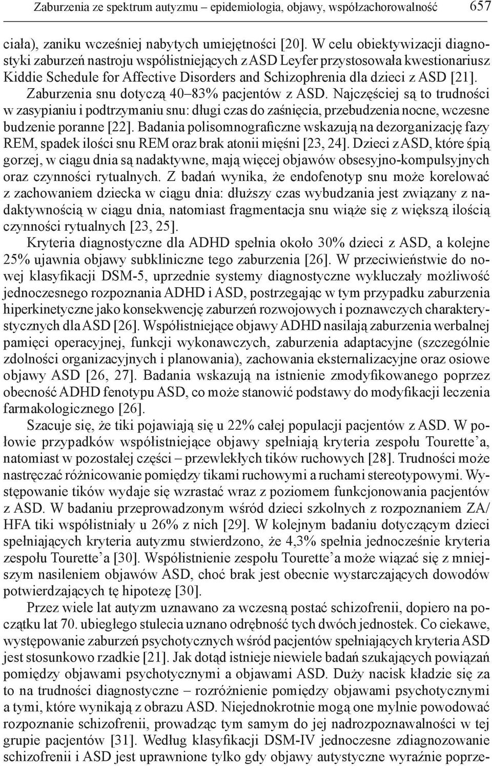 Zaburzenia snu dotyczą 40 83% pacjentów z ASD. Najczęściej są to trudności w zasypianiu i podtrzymaniu snu: długi czas do zaśnięcia, przebudzenia nocne, wczesne budzenie poranne [22].