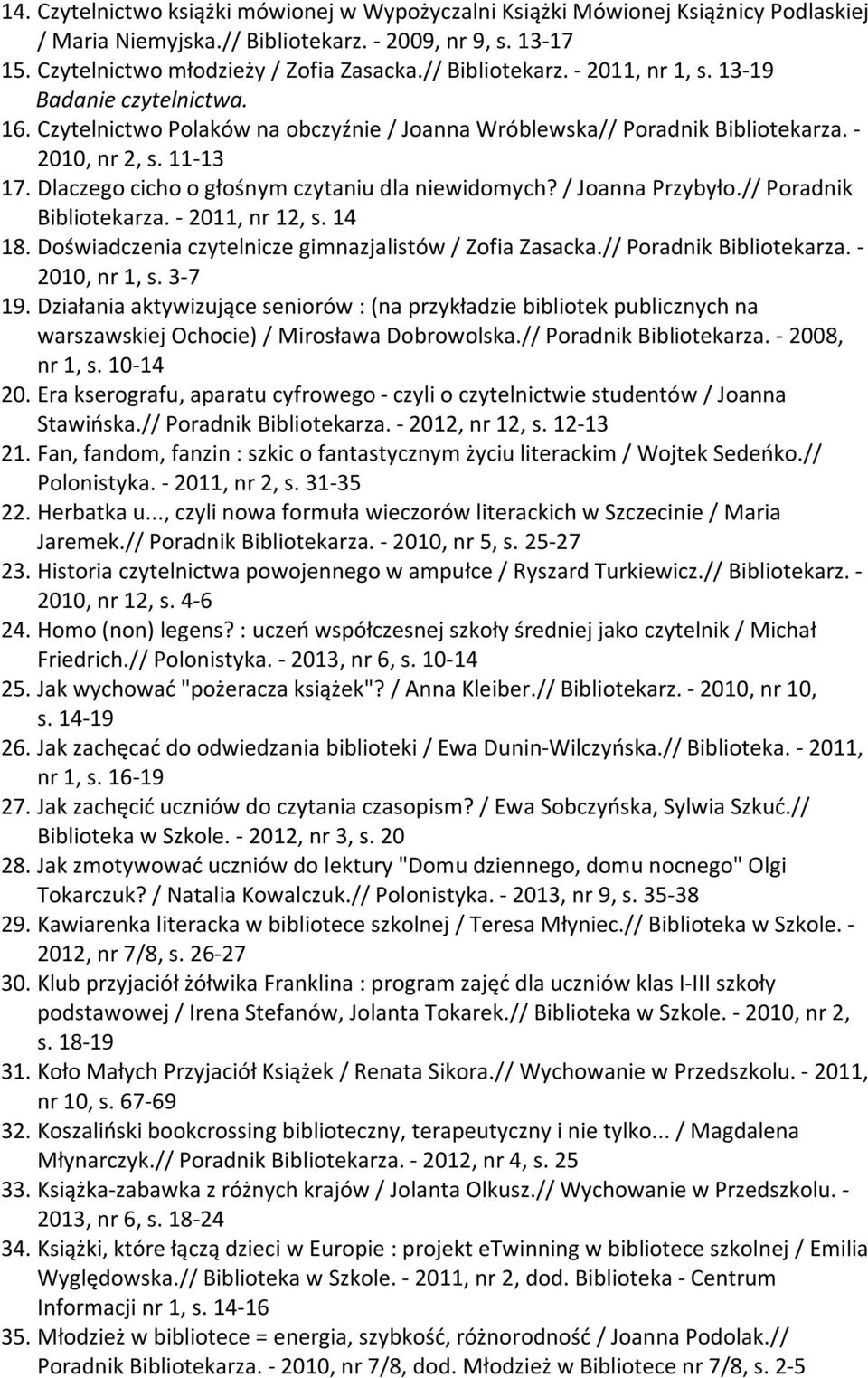 Dlaczego cicho o głośnym czytaniu dla niewidomych? / Joanna Przybyło.// Poradnik Bibliotekarza. - 2011, nr 12, s. 14 18. Doświadczenia czytelnicze gimnazjalistów / Zofia Zasacka.