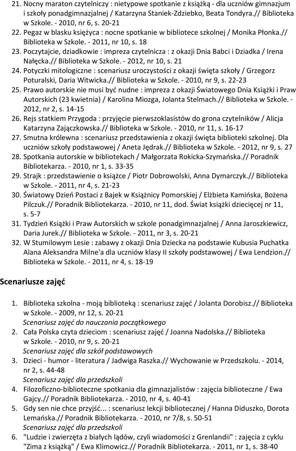 Poczytajcie, dziadkowie : impreza czytelnicza : z okazji Dnia Babci i Dziadka / Irena Nałęcka.// Biblioteka w Szkole. - 2012, nr 10, s. 21 24.