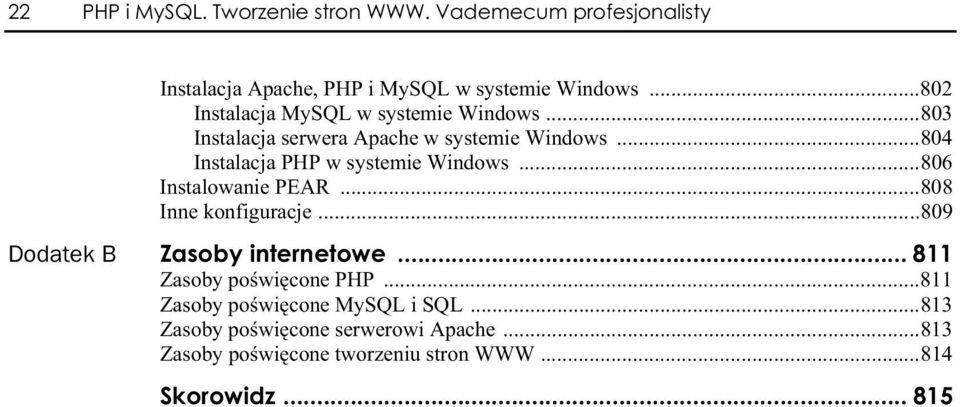 ..804 Instalacja PHP w systemie Windows...806 Instalowanie PEAR...808 Inne konfiguracje...809 Dodatek B Zasoby internetowe.