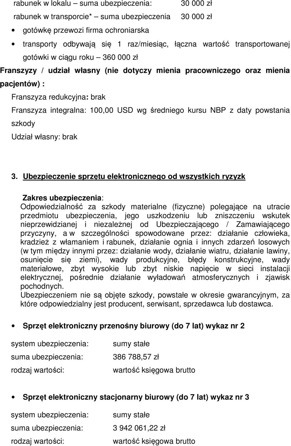 średniego kursu NBP z daty powstania szkody Udział własny: brak 3.