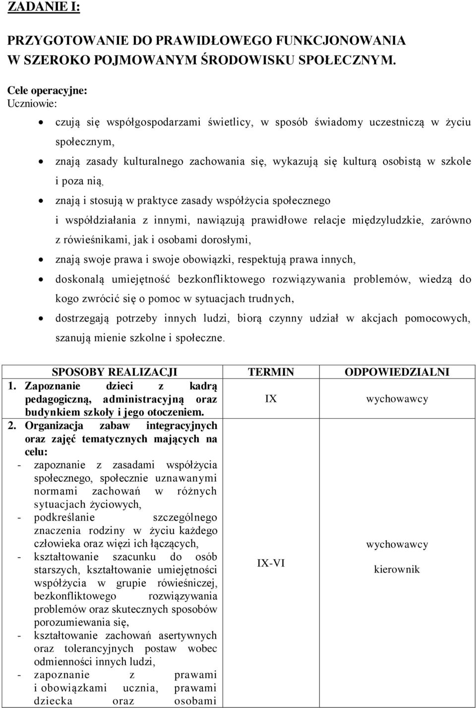 poza nią, znają i stosują w praktyce zasady współżycia społecznego i współdziałania z innymi, nawiązują prawidłowe relacje międzyludzkie, zarówno z rówieśnikami, jak i osobami dorosłymi, znają swoje