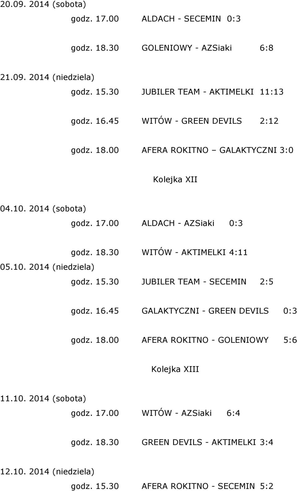 18.30 WITÓW - AKTIMELKI 4:11 godz. 15.30 JUBILER TEAM - SECEMIN 2:5 godz. 16.45 GALAKTYCZNI - GREEN DEVILS 0:3 godz. 18.