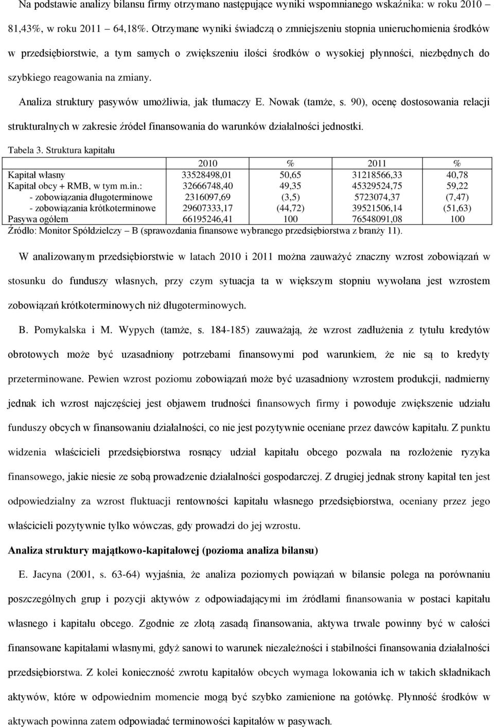 zmiany. Analiza struktury pasywów umożliwia, jak tłumaczy E. Nowak (tamże, s. 90), ocenę dostosowania relacji strukturalnych w zakresie źródeł finansowania do warunków działalności jednostki.