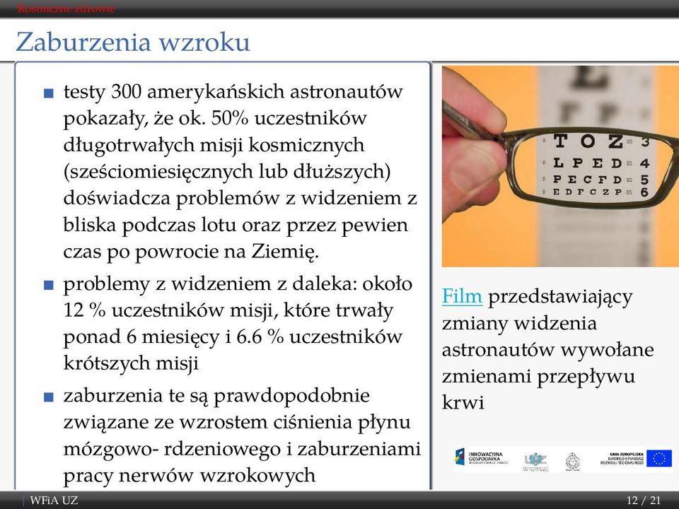 pewien czas po powrocie na Ziemię. problemy z widzeniem z daleka: około 12 % uczestników misji, które trwały ponad 6 miesięcy i 6.