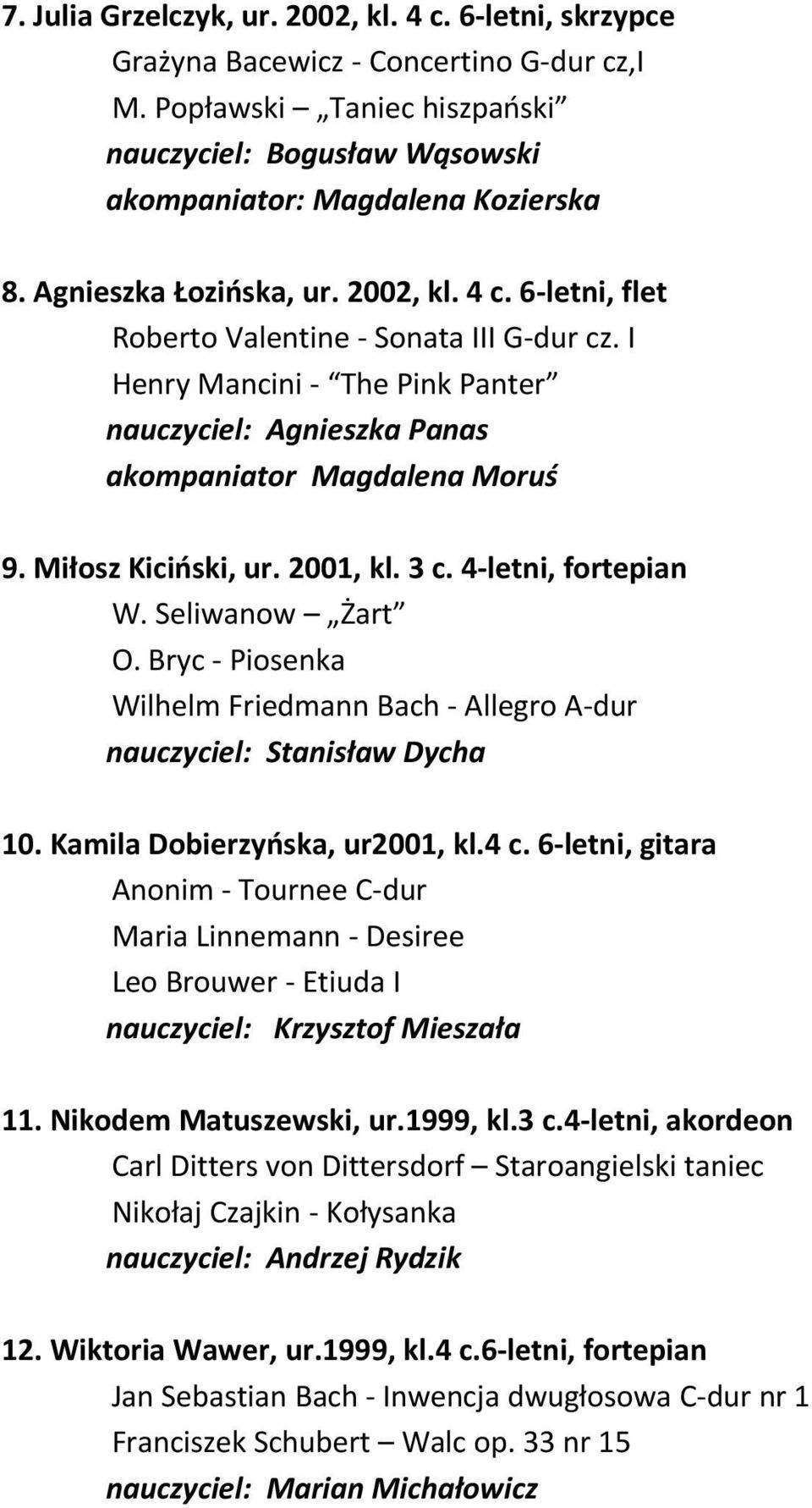 Miłosz Kiciński, ur. 2001, kl. 3 c. 4-letni, fortepian W. Seliwanow Żart O. Bryc - Piosenka Wilhelm Friedmann Bach - Allegro A-dur nauczyciel: Stanisław Dycha 10. Kamila Dobierzyńska, ur2001, kl.4 c.