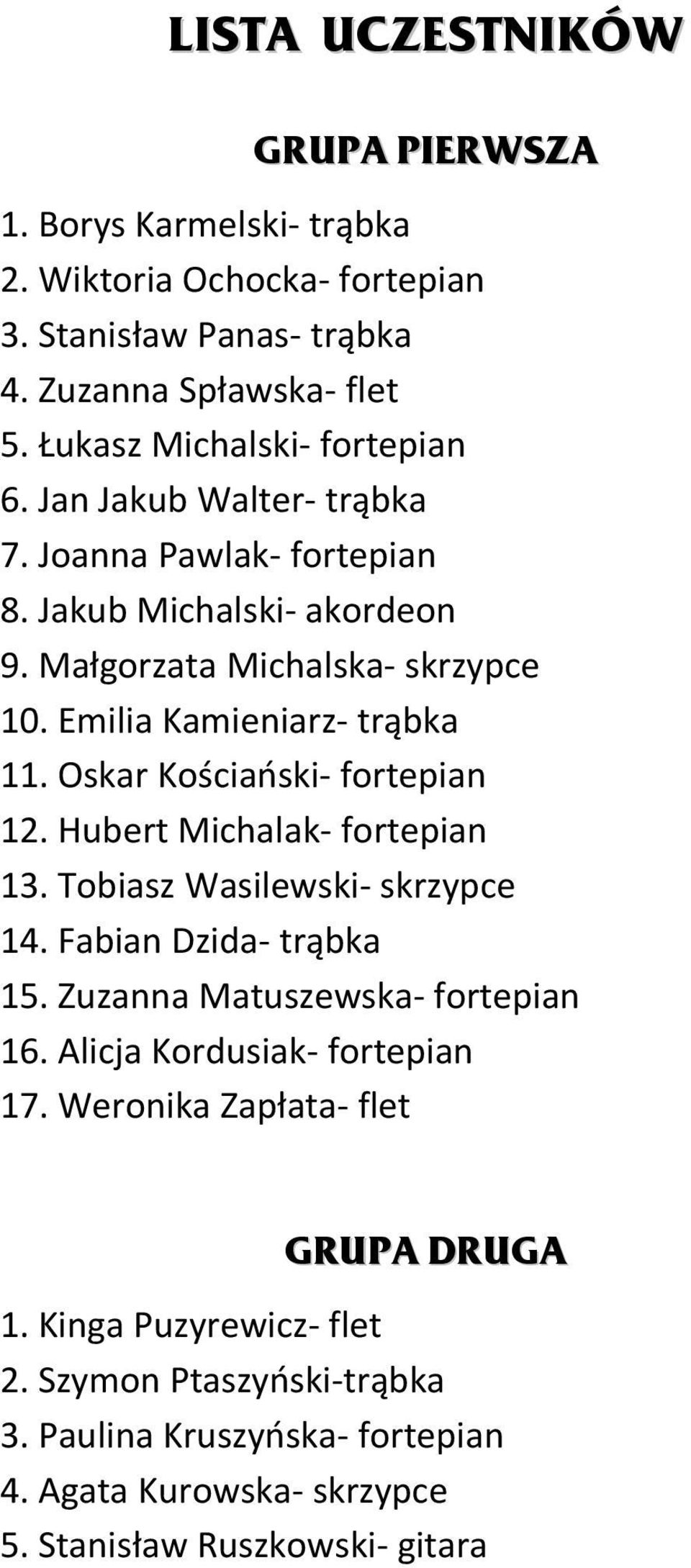 Emilia Kamieniarz- trąbka 11. Oskar Kościański- fortepian 12. Hubert Michalak- fortepian 13. Tobiasz Wasilewski- skrzypce 14. Fabian Dzida- trąbka 15.