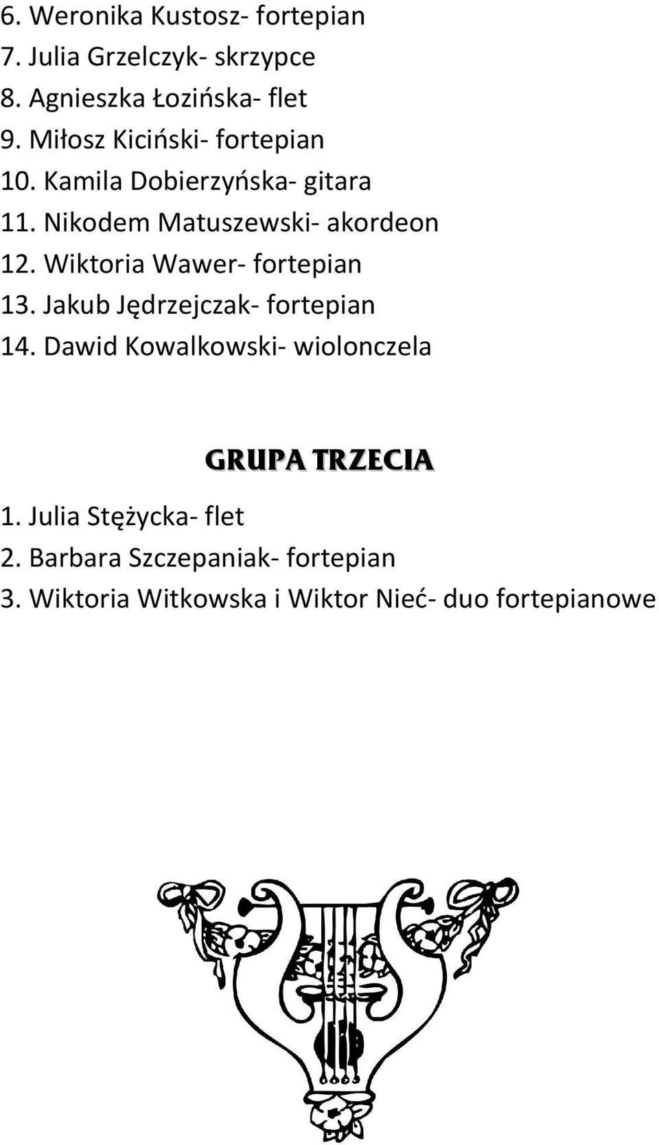 Wiktoria Wawer- fortepian 13. Jakub Jędrzejczak- fortepian 14.