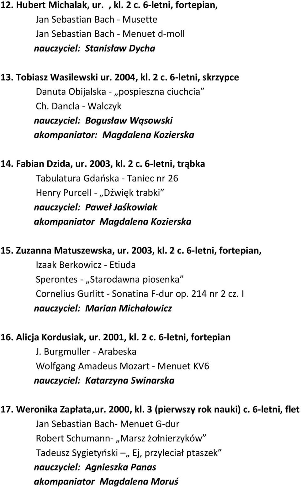 6-letni, trąbka Tabulatura Gdańska - Taniec nr 26 Henry Purcell - Dźwięk trabki nauczyciel: Paweł Jaśkowiak akompaniator Magdalena Kozierska 15. Zuzanna Matuszewska, ur. 2003, kl. 2 c.