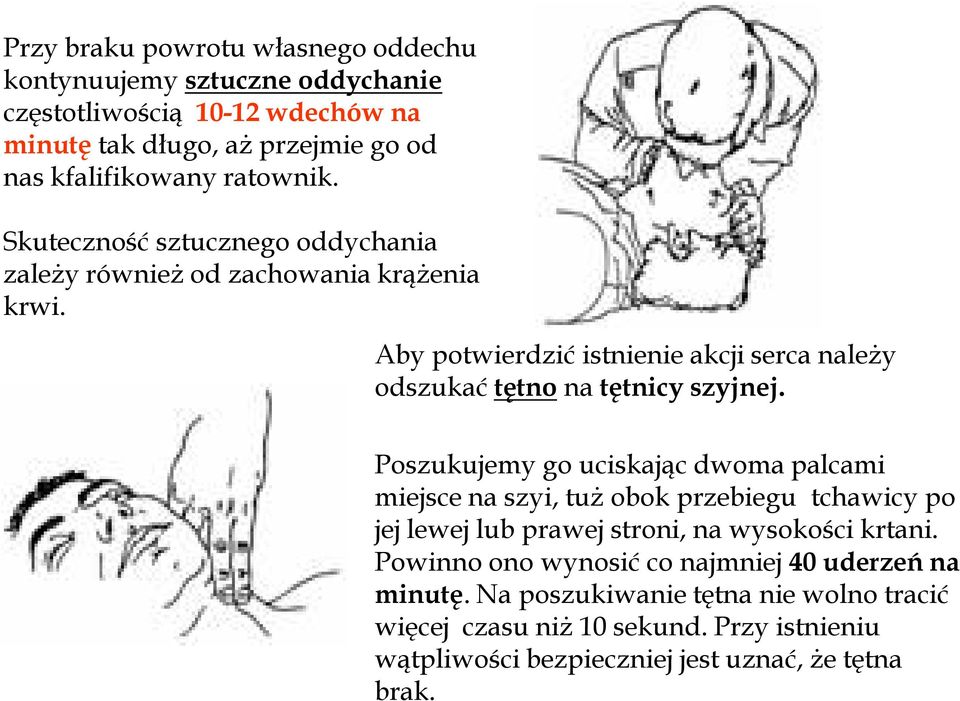 Aby potwierdzić istnienie akcji serca należy odszukać tętno na tętnicy szyjnej.