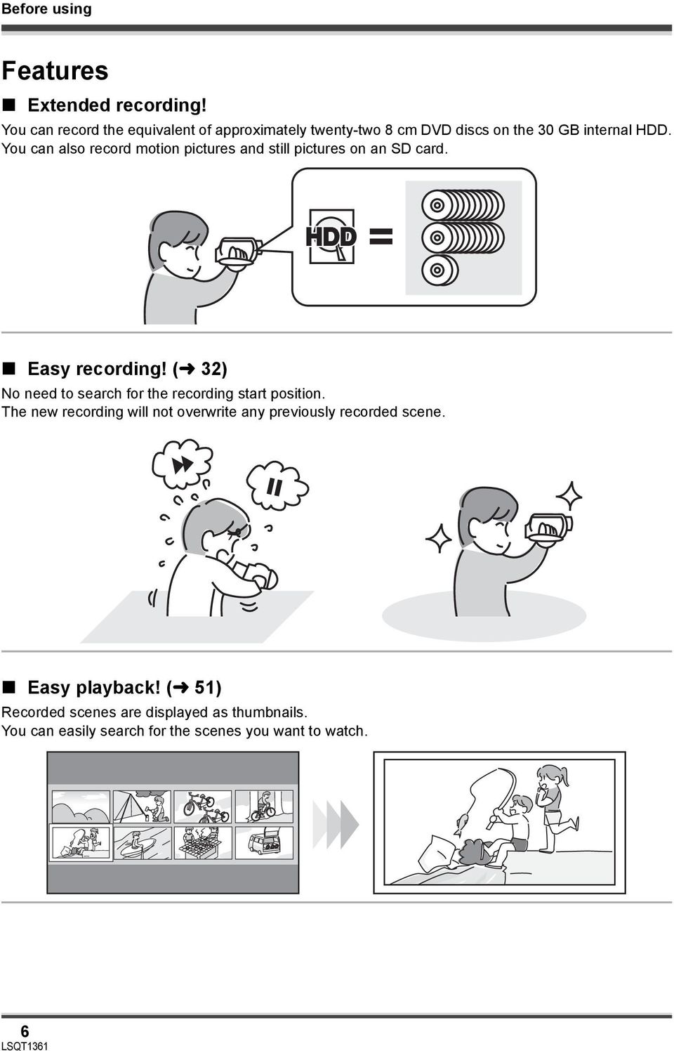 You can also record motion pictures and still pictures on an SD card. HDD Easy recording!