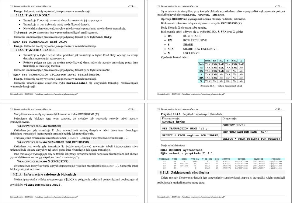 Polecenie umoliwiajce przestawienie pojedynczej transakcji w tryb Read Only: SQL> SET TRANSACTION Read Only; Uwaga. Polecenie naley wykona jako pierwsze w ramach transakcji. 21.2.3.