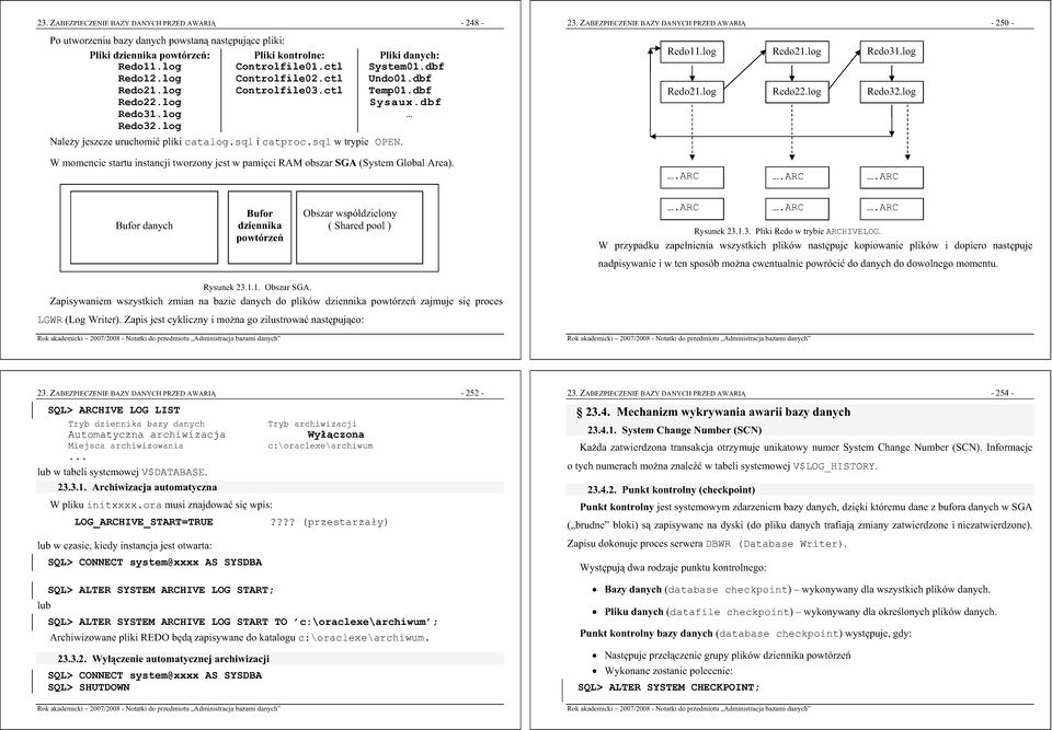 dbf Sysaux.dbf W momencie startu instancji tworzony jest w pamici RAM obszar SGA (System Global Area). 23. ZABEZPIECZENIE BAZY DANYCH PRZED AWARI -250- Redo11.log Redo21.log Redo31.log Redo21.log Redo22.