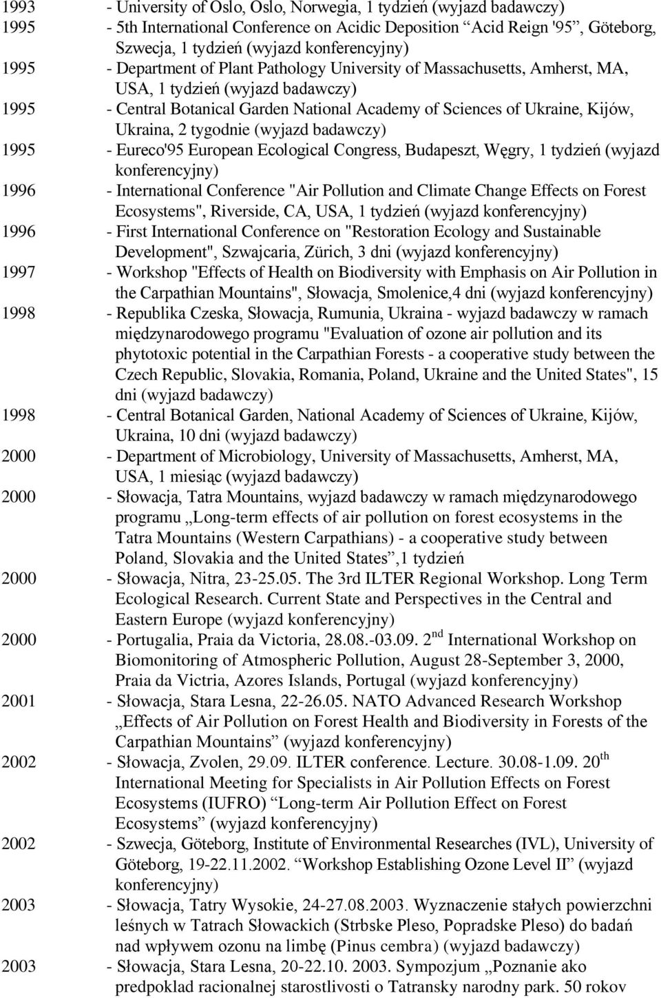 tygodnie (wyjazd badawczy) 1995 - Eureco'95 European Ecological Congress, Budapeszt, Węgry, 1 tydzień (wyjazd konferencyjny) 1996 - International Conference "Air Pollution and Climate Change Effects