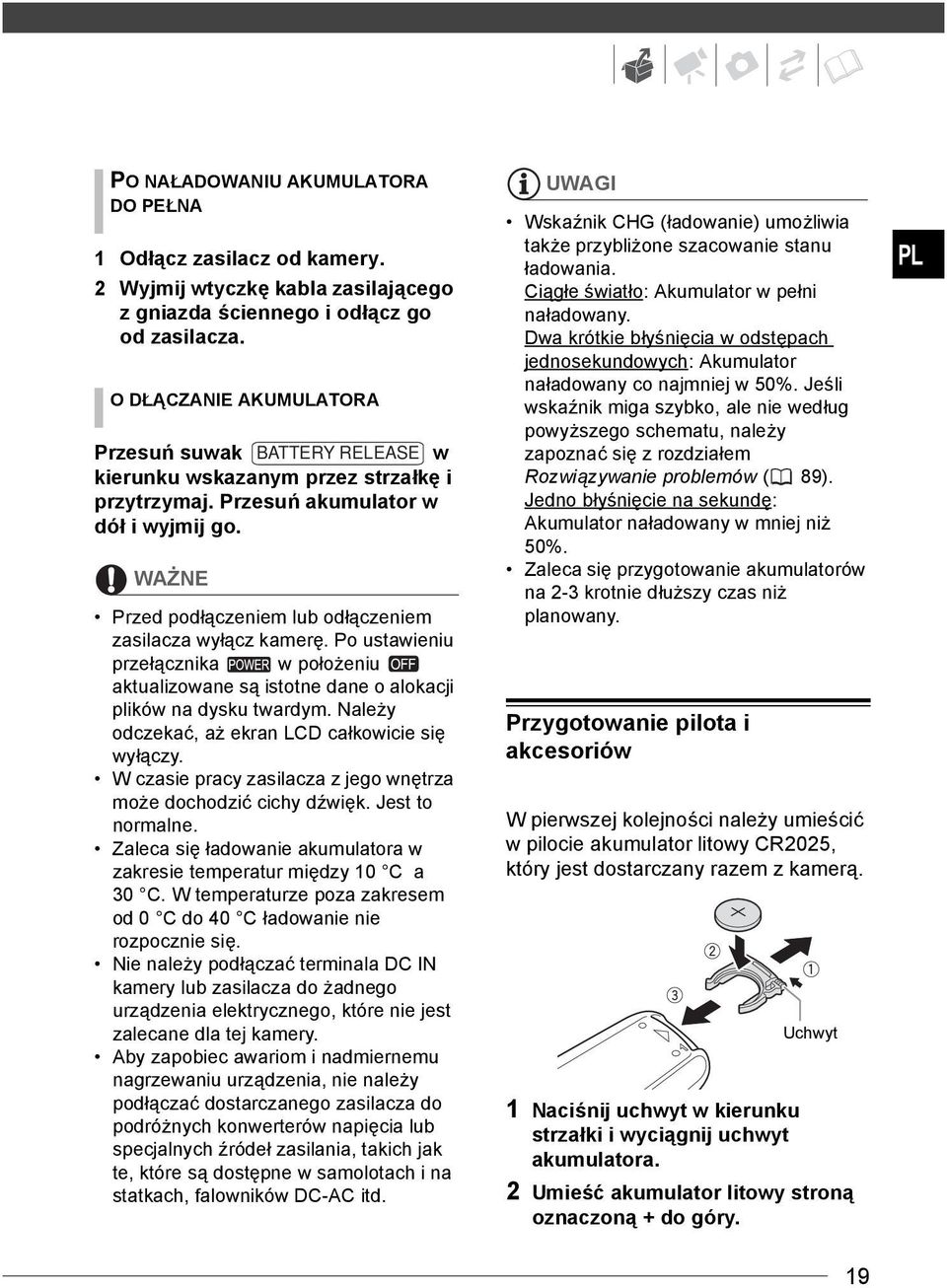 WAŻNE Przed podłączeniem lub odłączeniem zasilacza wyłącz kamerę. Po ustawieniu przełącznika w położeniu aktualizowane są istotne dane o alokacji plików na dysku twardym.