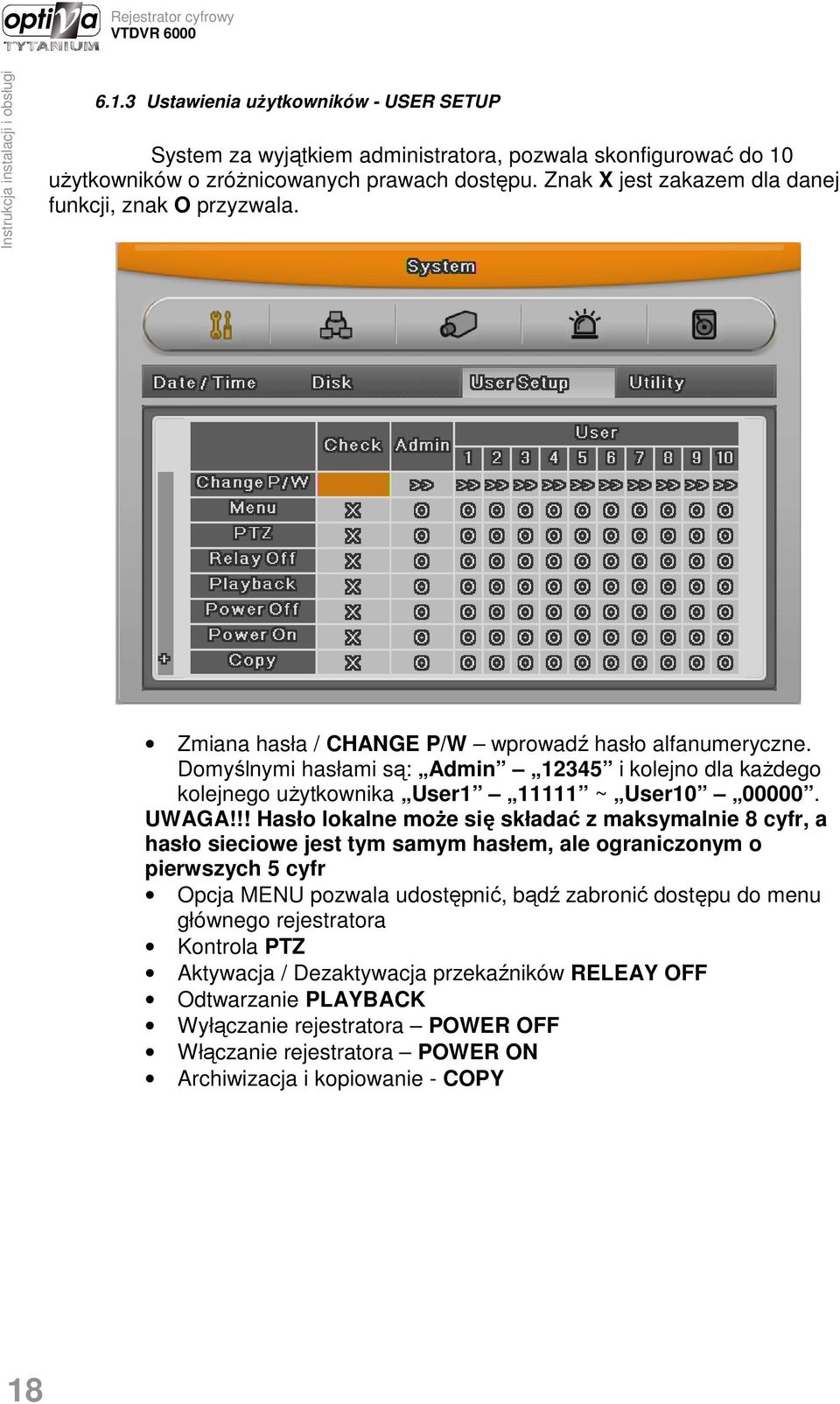 Domyślnymi hasłami są: Admin 12345 i kolejno dla kaŝdego kolejnego uŝytkownika User1 11111 ~ User10 00000. UWAGA!