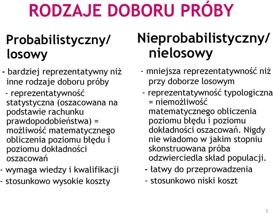 Nieprobabilistyczny/ nielosowy - mniejsza reprezentatywność niŝ przy doborze losowym - reprezentatywność typologiczna = niemoŝliwość matematycznego obliczenia poziomu