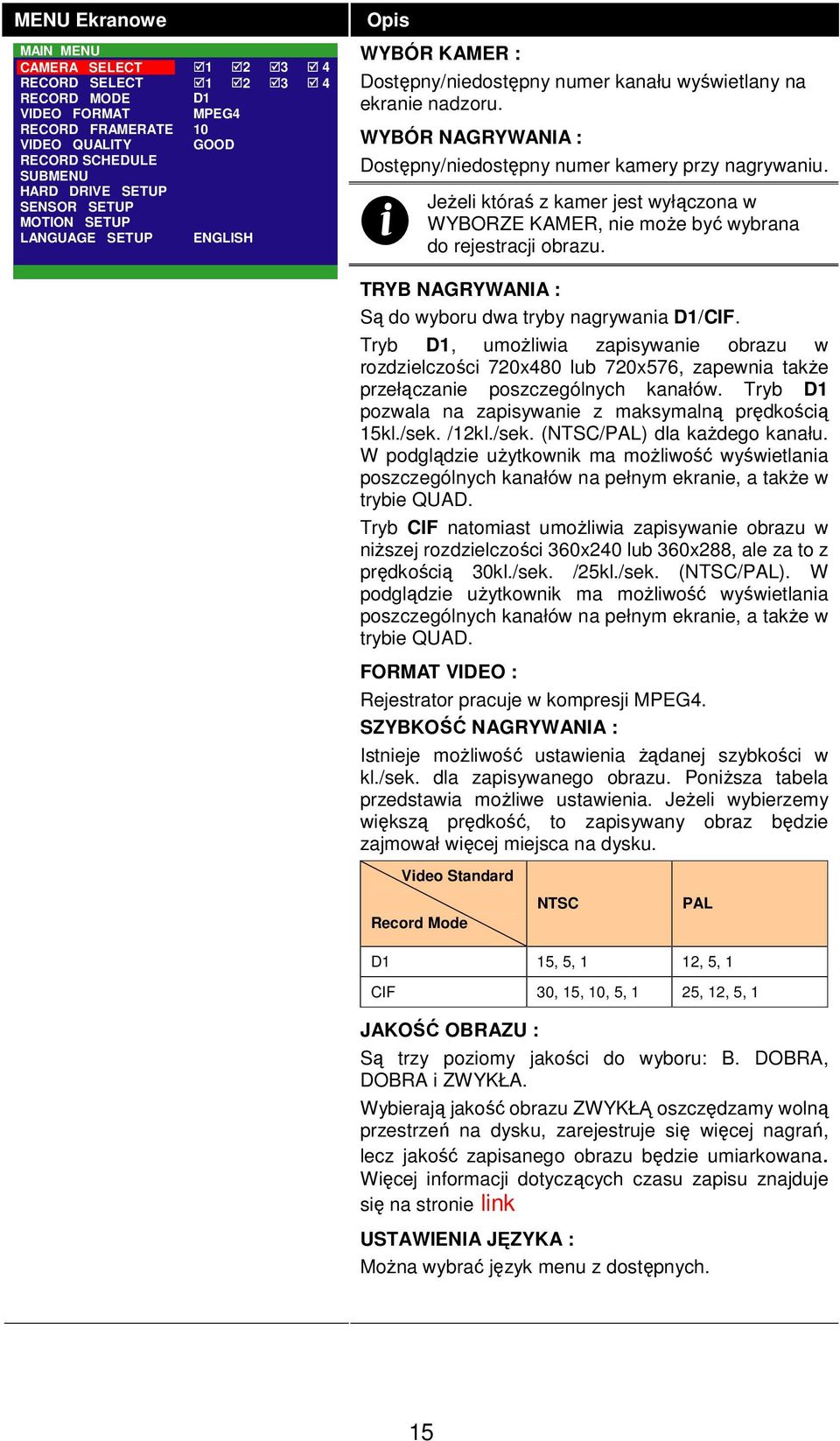 i Jeżeli któraś z kamer jest wyłączona w WYBORZE KAMER, nie może być wybrana do rejestracji obrazu. TRYB NAGRYWANIA : Są do wyboru dwa tryby nagrywania D1/CIF.