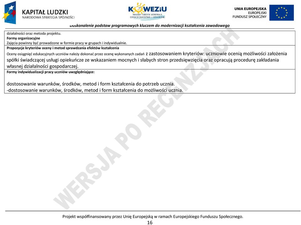 możliwości założenia spółki świadczącej usługi opiekuńcze ze wskazaniem mocnych i słabych stron przedsięwzięcia oraz opracują procedurę zakładania własnej działalności gospodarczej.