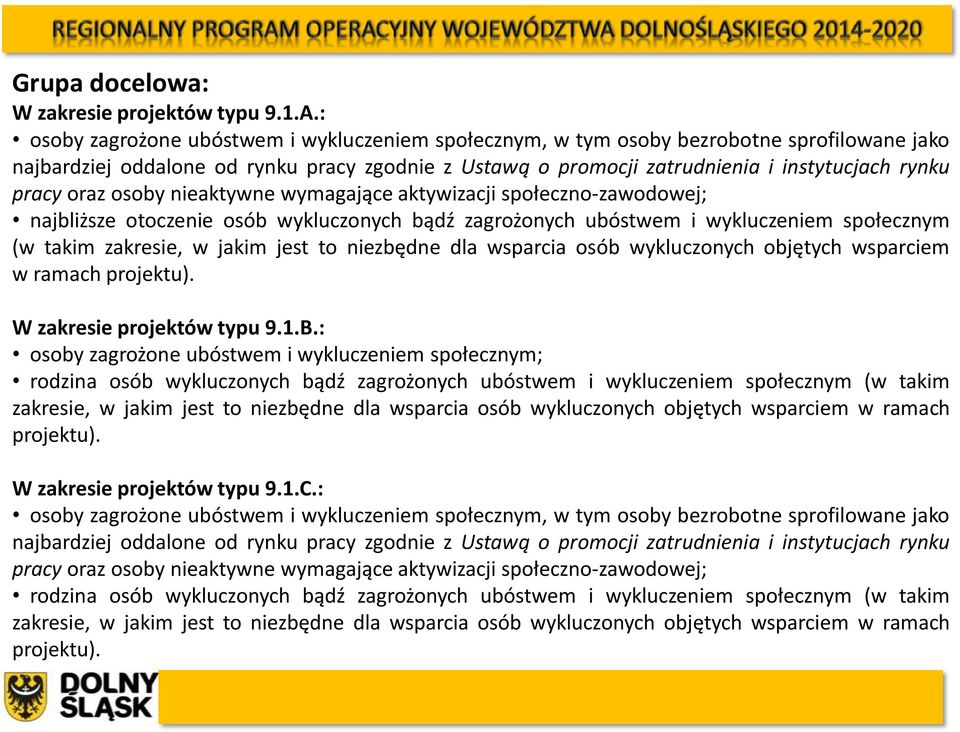 oraz osoby nieaktywne wymagające aktywizacji społeczno-zawodowej; najbliższe otoczenie osób wykluczonych bądź zagrożonych ubóstwem i wykluczeniem społecznym (w takim zakresie, w jakim jest to