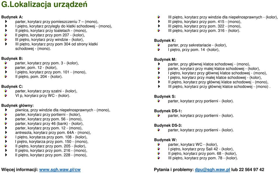 3 - (kolor), parter, pom. 12 - (kolor), I piętro, korytarz przy pom. 101 - (mono), II piętro, pom. 204 - (kolor). Budynek C: parter, korytarz przy szatni - (kolor), VI p, korytarz przy WC - (kolor).