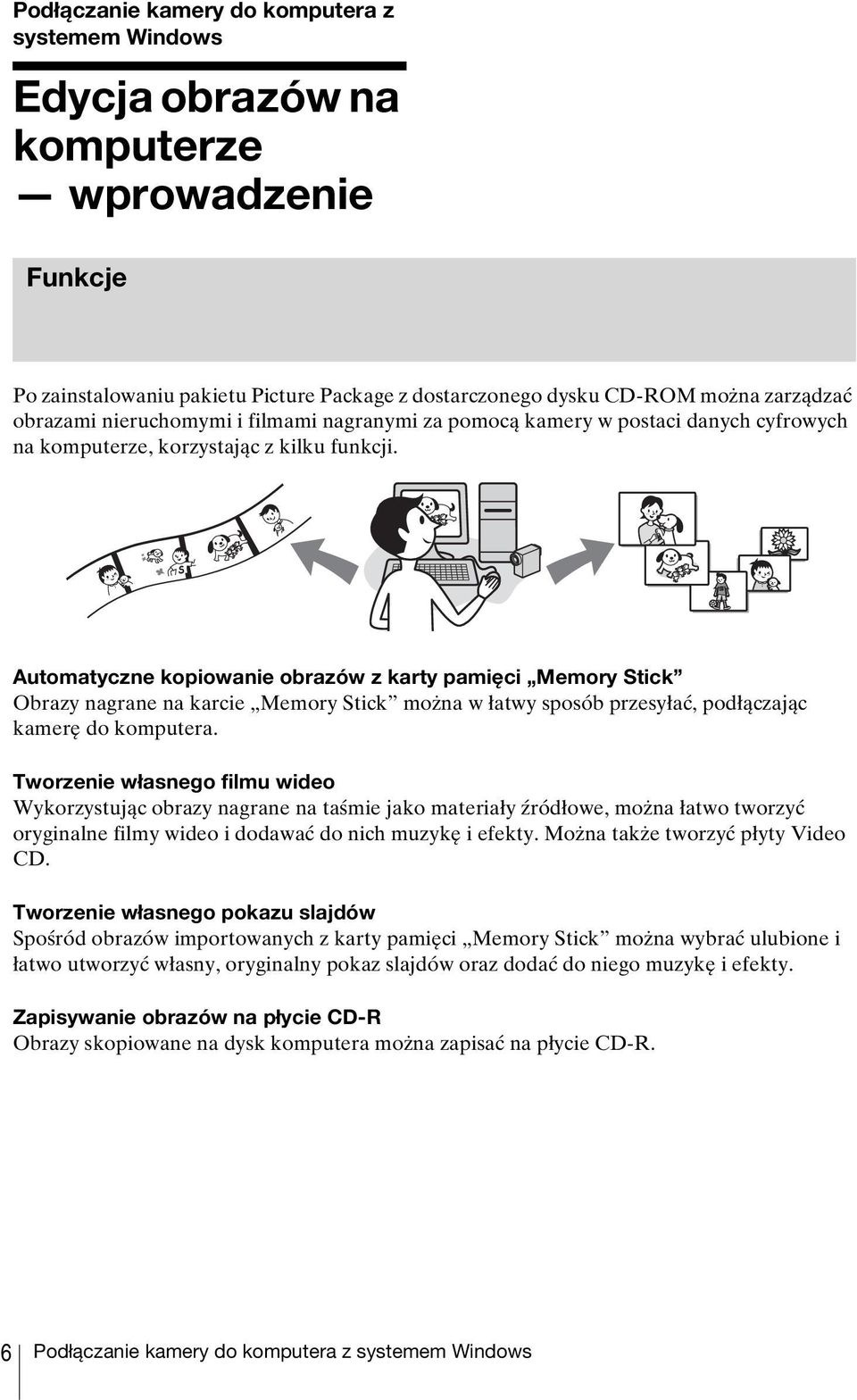 Automatyczne kopiowanie obrazów z karty pamięci Memory Stick Obrazy nagrane na karcie Memory Stick można w łatwy sposób przesyłać, podłączając kamerę do komputera.