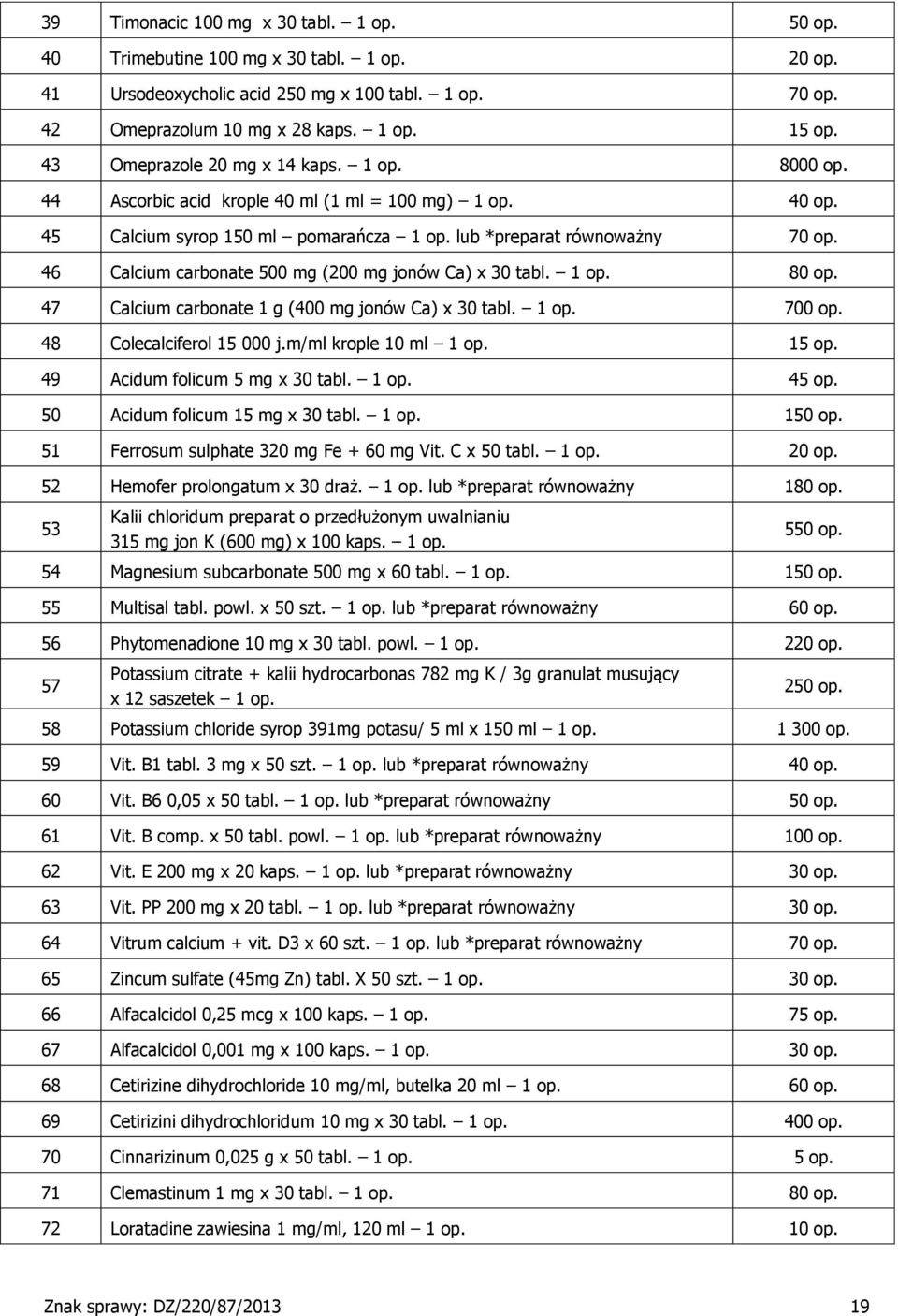 46 Calcium carbonate 500 mg (200 mg jonów Ca) x 30 tabl. op. 80 op. 47 Calcium carbonate g (400 mg jonów Ca) x 30 tabl. op. 700 op. 48 Colecalciferol 5 000 j.m/ml krople 0 ml op. 5 op.