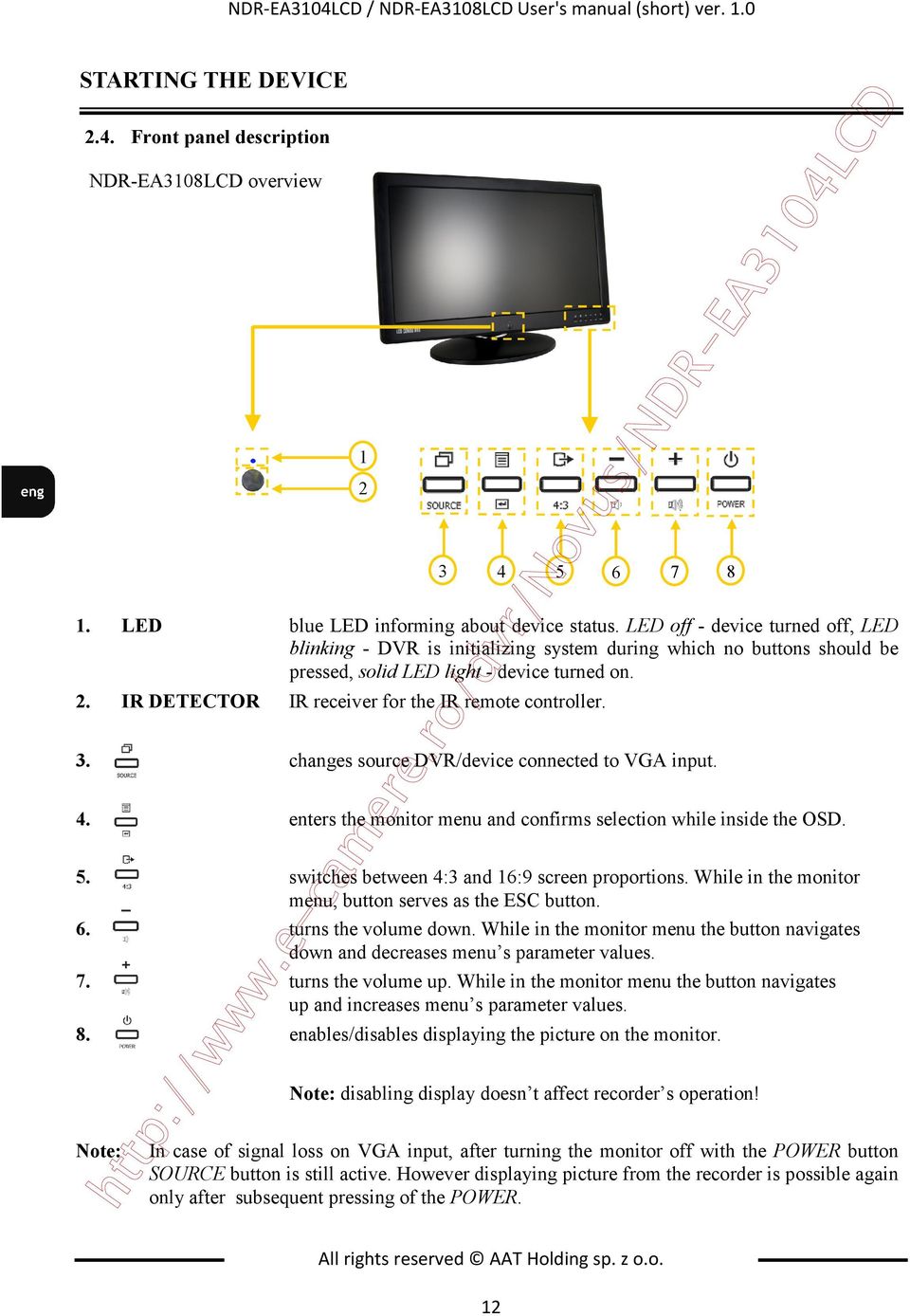 IR DETECTOR IR receiver for the IR remote controller. 3. changes source DVR/device connected to VGA input. 4. enters the monitor menu and confirms selection while inside the OSD. 5.