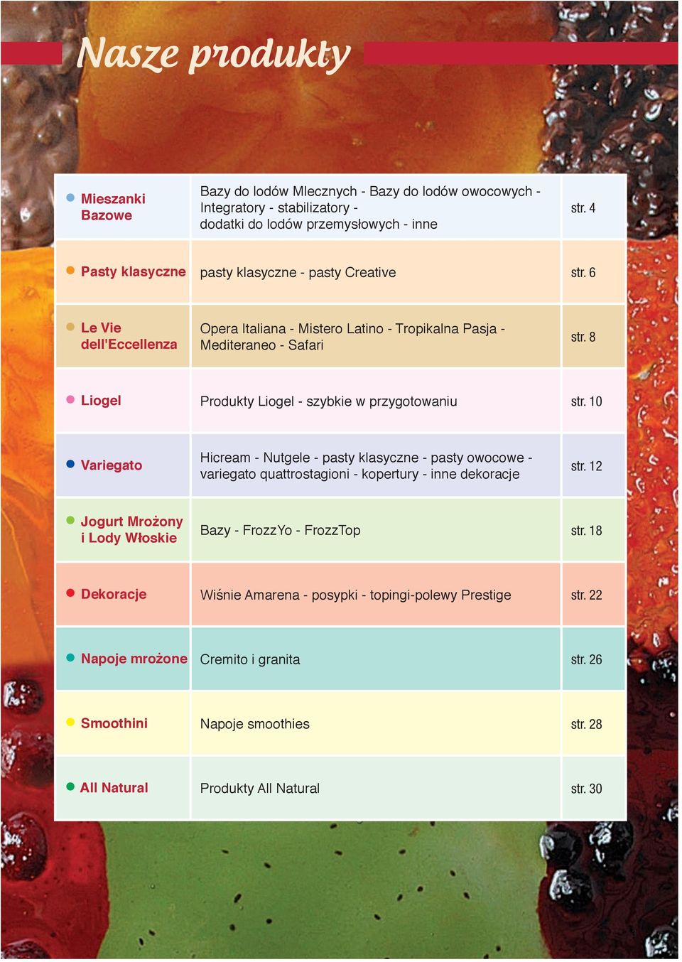 8 Liogel Produkty Liogel - szybkie w przygotowaniu str. 10 Variegato Hicream - Nutgele - pasty klasyczne - pasty owocowe - variegato quattrostagioni - kopertury - inne dekoracje str.