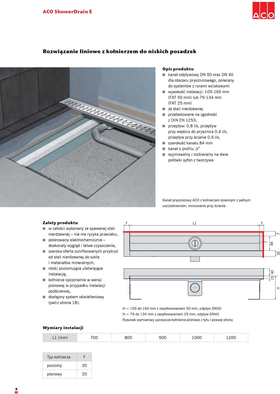 ścianie 0,6 l/s, szerokość kanału 84 mm kanał o profilu V wyjmowalny i rozbieralny na dwie połówki syfon z tworzywa F 30 30 Kanał prysznicowy ACO z kołnierzem ściennym z pełnym 30 20 30 20